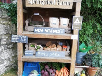 Springfield Farm Stall fully stocked with a range of vegetables including new potatoes, carrots and beetroot.